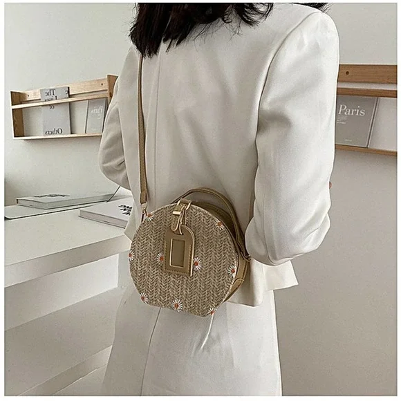 Daisy Flower Embroidered Round Straw Crossbody Bag in Khaki - Picture 5 of 9